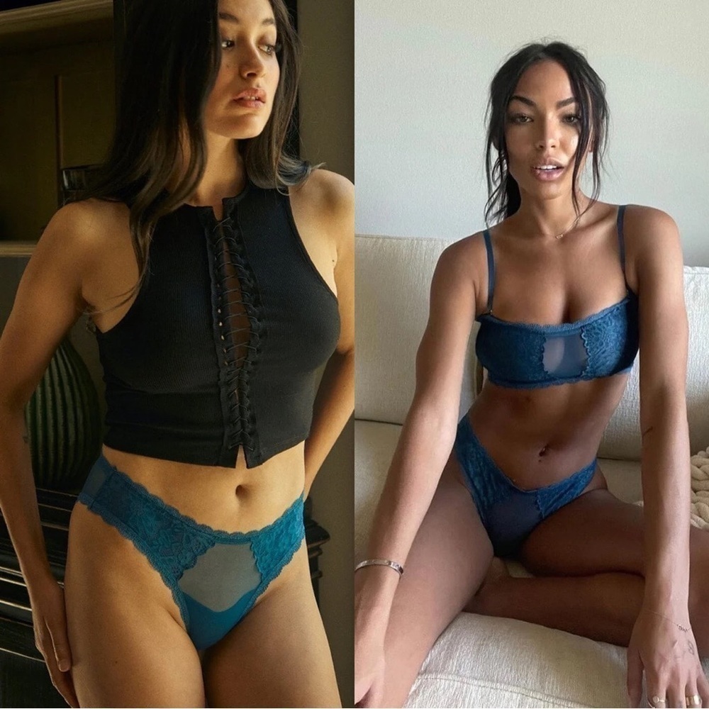 NWT BOOTAYBAG Camille Full Coverage Lace Sheer Cheek Panties Blue Sz M